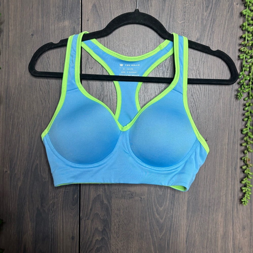 🌼3/$30🌼TekGear Medium Support Blue Lime Green Sports Bra Size Medium